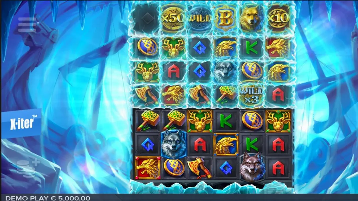 Tampilan visual slot Ice Wolf 2 dengan latar belakang gletser dan grid es yang membeku.