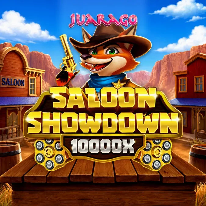 Tampilan visual grid permainan Saloon Showdown 10,000x dengan nuansa saloon klasik